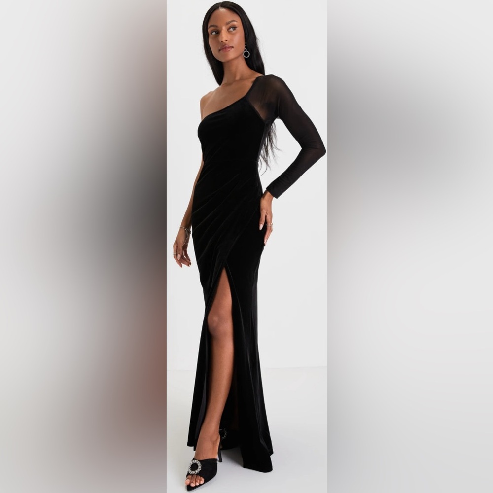 Lulus Lavish Style Black Velvet Mesh One-Shoulder Maxi Dress